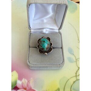 Vintage 60s Navajo Sterling Ring High Relief Dome Green Turquoise Sz 8 3/4